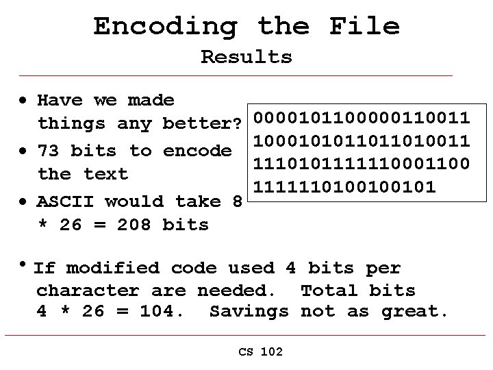 Encoding the File Results · Have we made things any better? · 73 bits