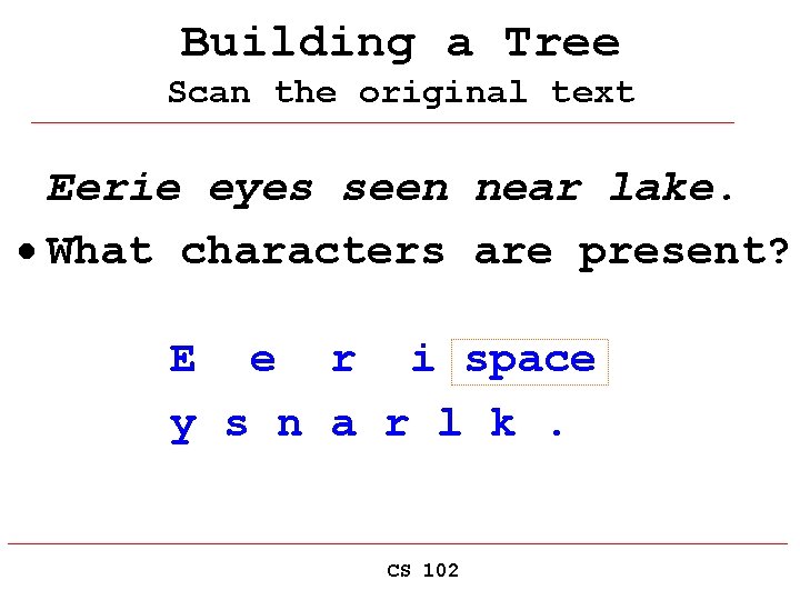 Building a Tree Scan the original text Eerie eyes seen near lake. · What