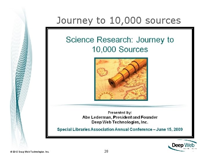 Journey to 10, 000 sources © 2012 Deep Web Technologies, Inc. 28 