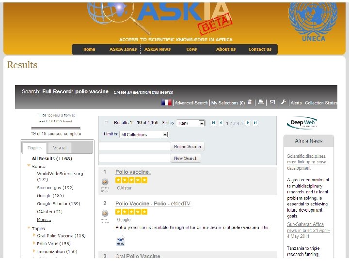 UNECA ASKIA Portal (United Nations – Access Scientific Knowledge in Africa) © 2012 Deep