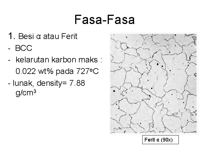 Fasa-Fasa 1. Besi α atau Ferit - BCC - kelarutan karbon maks : 0.