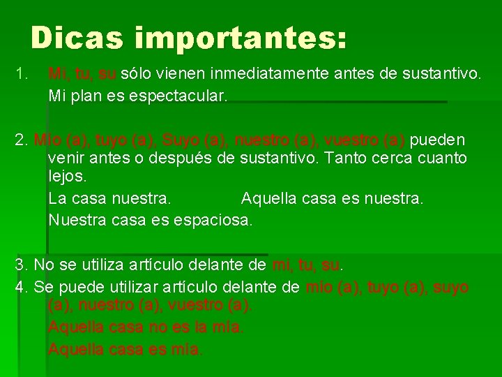 Dicas importantes: 1. Mi, tu, su sólo vienen inmediatamente antes de sustantivo. Mi plan