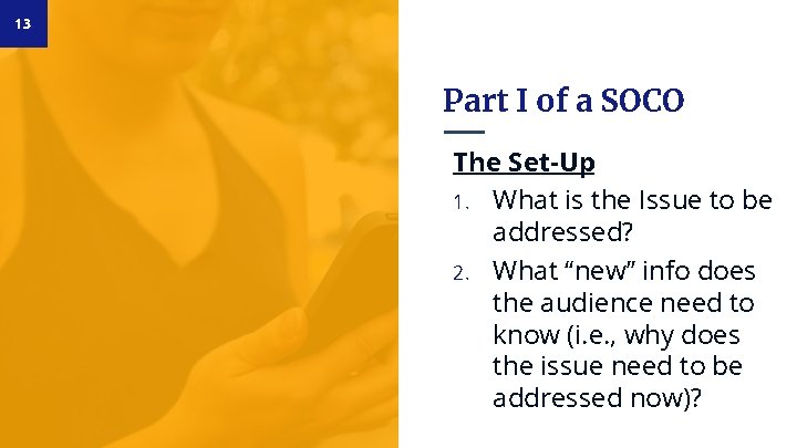 13 Part I of a SOCO The Set-Up 1. What is the Issue to