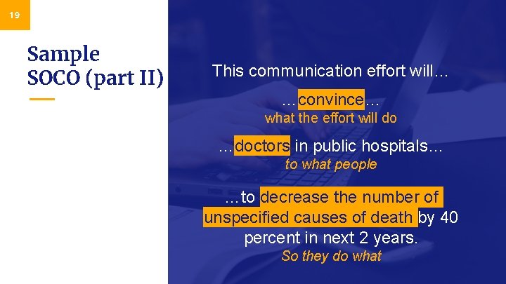19 Sample SOCO (part II) This communication effort will… …convince… what the effort will