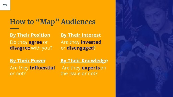 23 How to “Map” Audiences By Their Position By Their Interest Do they agree