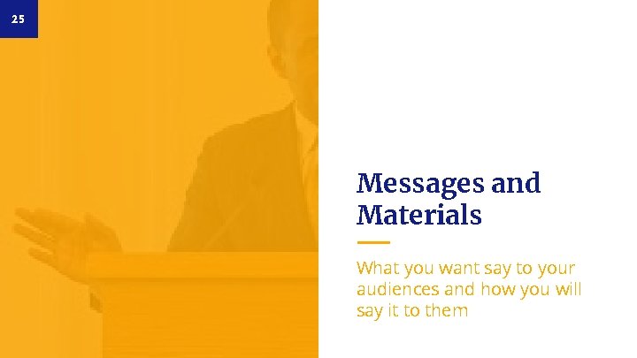 25 Messages and Materials What you want say to your audiences and how you