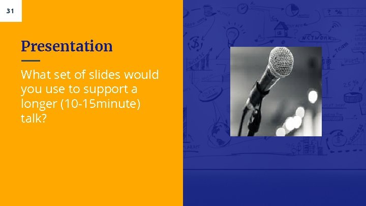 31 Presentation What set of slides would you use to support a longer (10