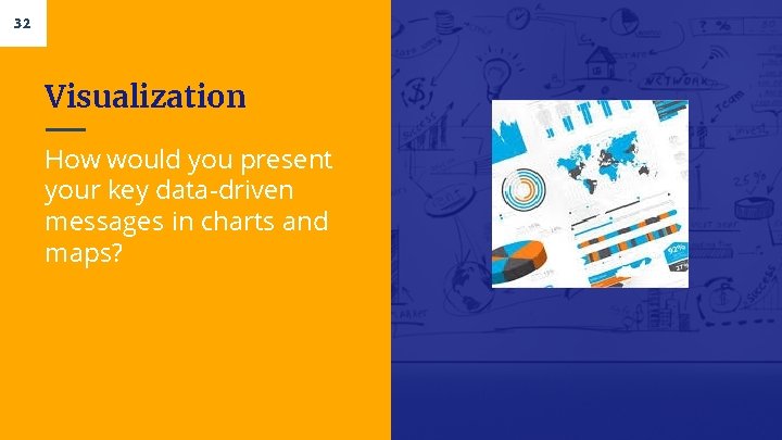 32 Visualization How would you present your key data-driven messages in charts and maps?