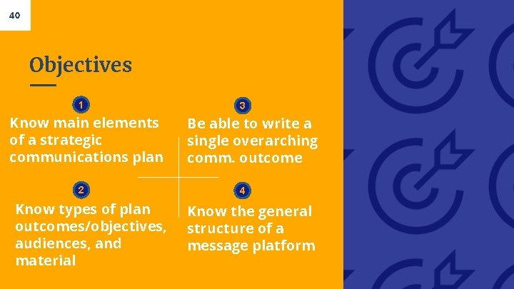 40 Objectives 1 Know main elements of a strategic communications plan 2 Know types