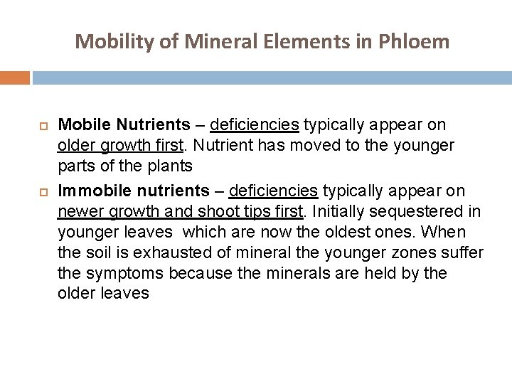 Mobility of Mineral Elements in Phloem Mobile Nutrients – deficiencies typically appear on older