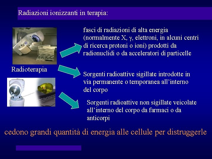 Radiazionizzanti in terapia: fasci di radiazioni di alta energia (normalmente X, , elettroni, in