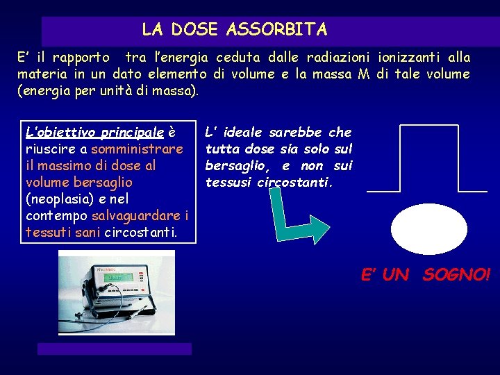 LA DOSE ASSORBITA E’ il rapporto tra l’energia ceduta dalle radiazionizzanti alla materia in