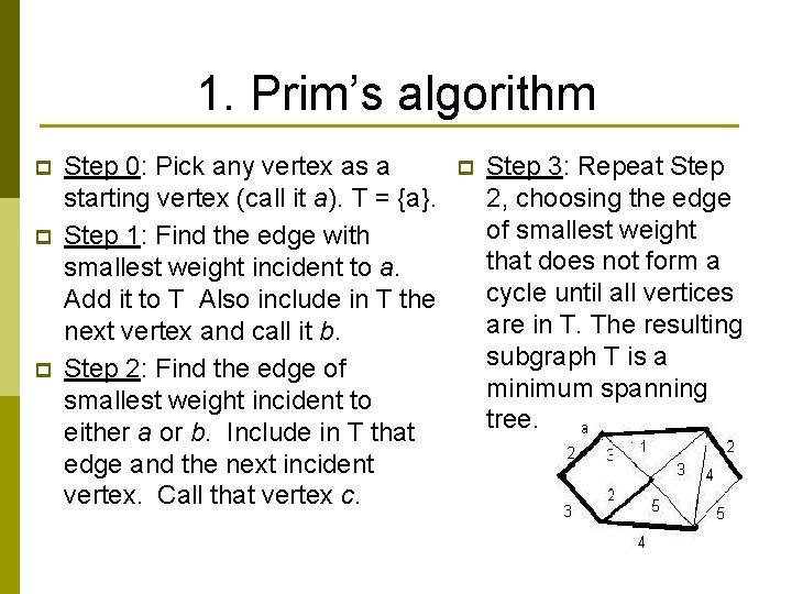 1. Prim’s algorithm p p p Step 0: Pick any vertex as a starting
