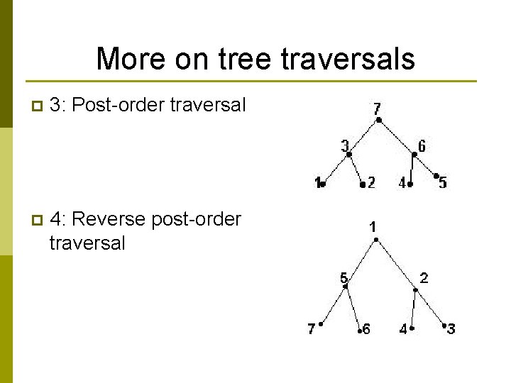 More on tree traversals p 3: Post-order traversal p 4: Reverse post-order traversal 