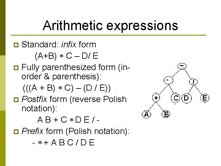 Arithmetic expressions Standard: infix form (A+B) C – D/ E p Fully parenthesized form