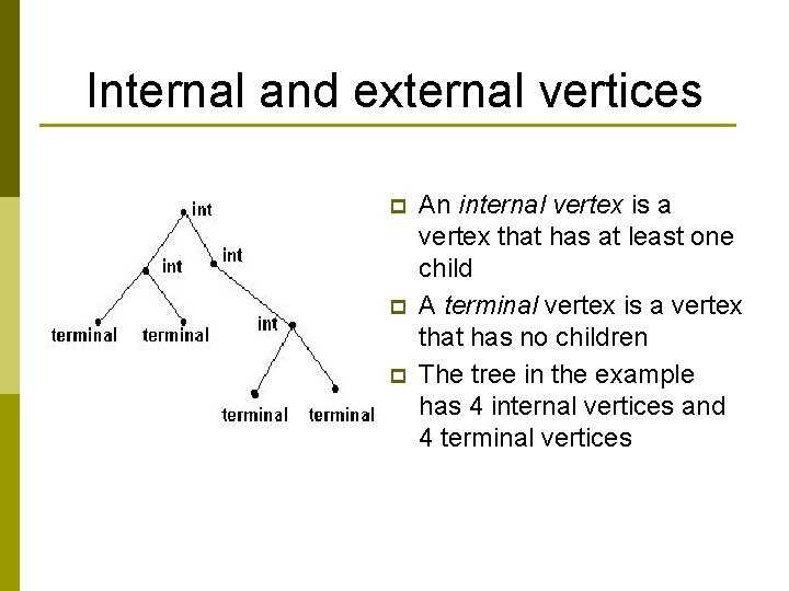 Internal and external vertices p p p An internal vertex is a vertex that