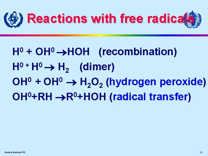 Reactions with free radicals H 0 + OH 0 HOH (recombination) H 0 +