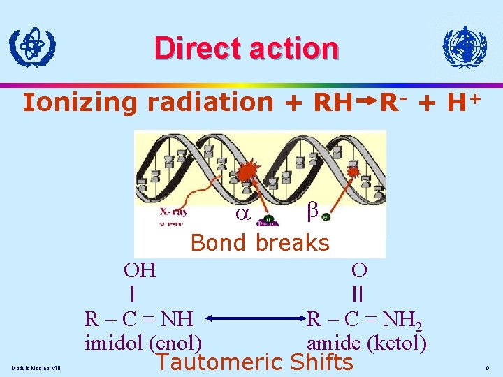 Direct action Ionizing radiation + RH R - + H+ Bond breaks Module Medical