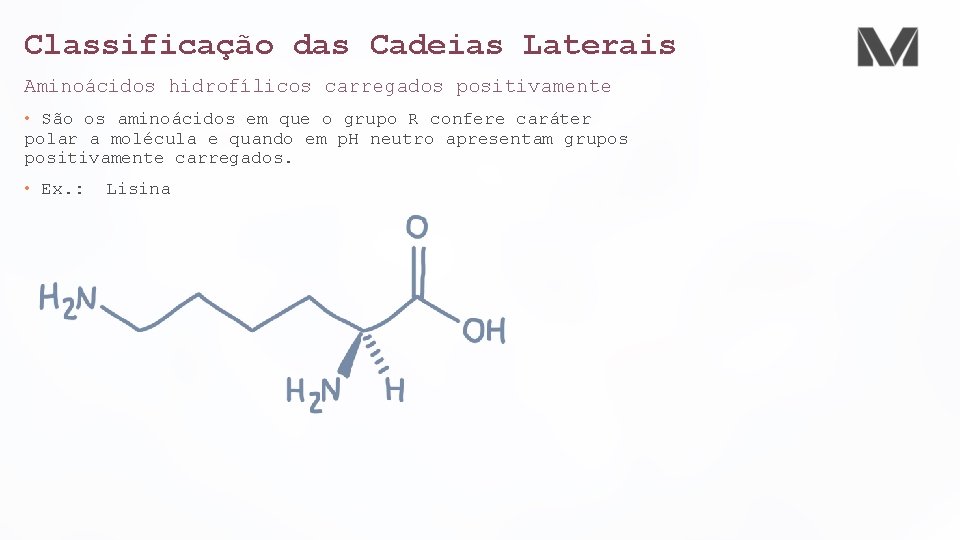 Classificação das Cadeias Laterais Aminoácidos hidrofílicos carregados positivamente • São os aminoácidos em que