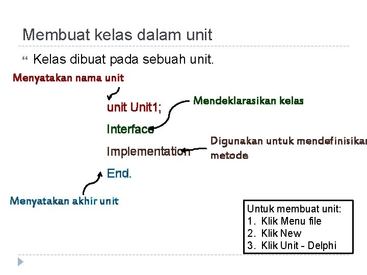 Membuat kelas dalam unit Kelas dibuat pada sebuah unit. Menyatakan nama unit Unit 1;