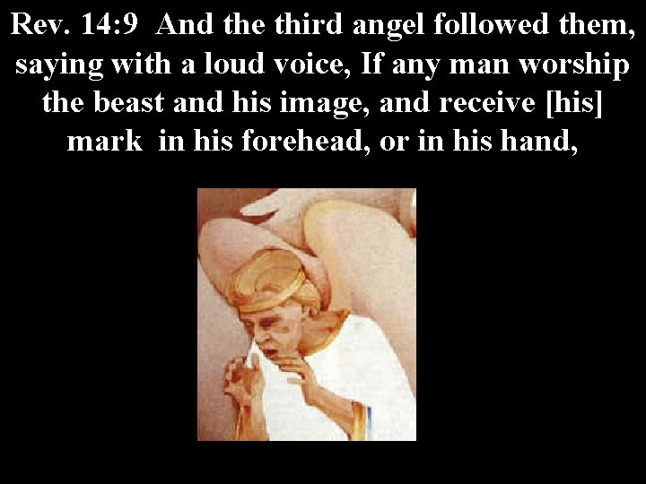 Rev. 14: 9 And the third angel followed them, saying with a loud voice,