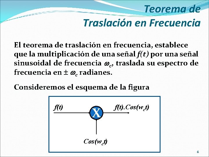 Teorema de Traslación en Frecuencia El teorema de traslación en frecuencia, establece que la