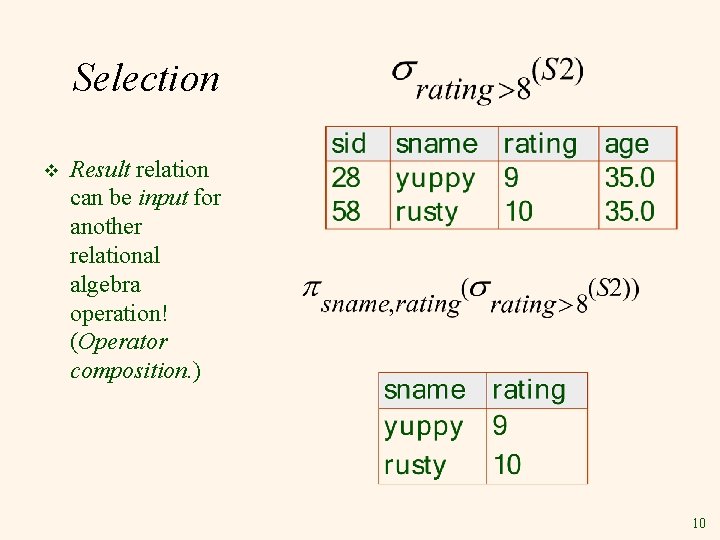 Selection v Result relation can be input for another relational algebra operation! (Operator composition.