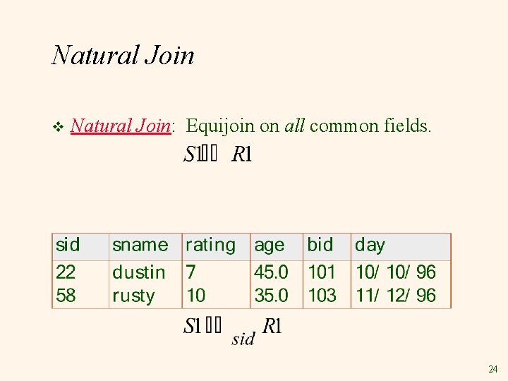Natural Join v Natural Join: Equijoin on all common fields. 24 