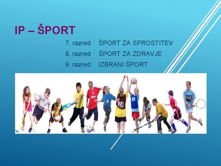 IP – ŠPORT 7. razred ŠPORT ZA SPROSTITEV 8. razred ŠPORT ZA ZDRAVJE 9.