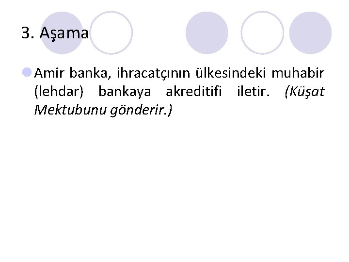 3. Aşama l Amir banka, ihracatçının ülkesindeki muhabir (lehdar) bankaya akreditifi iletir. (Küşat Mektubunu