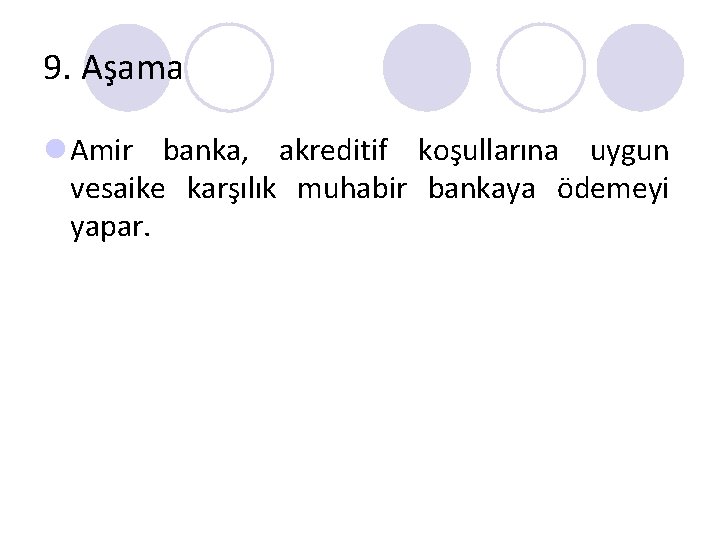 9. Aşama l Amir banka, akreditif koşullarına uygun vesaike karşılık muhabir bankaya ödemeyi yapar.