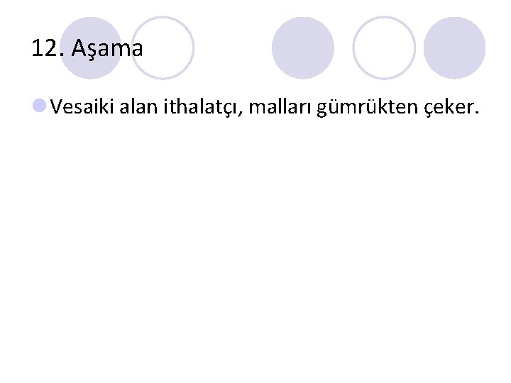 12. Aşama l Vesaiki alan ithalatçı, malları gümrükten çeker. 