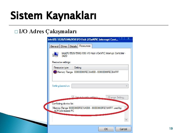 Sistem Kaynakları � I/O Adres Çakışmaları 13 