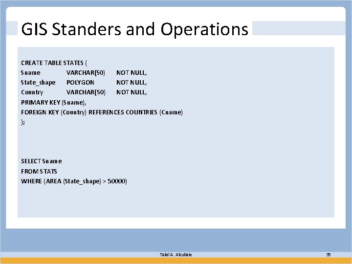 GIS Standers and Operations CREATE TABLE STATES ( Sname VARCHAR(50) NOT NULL, State_shape POLYGON