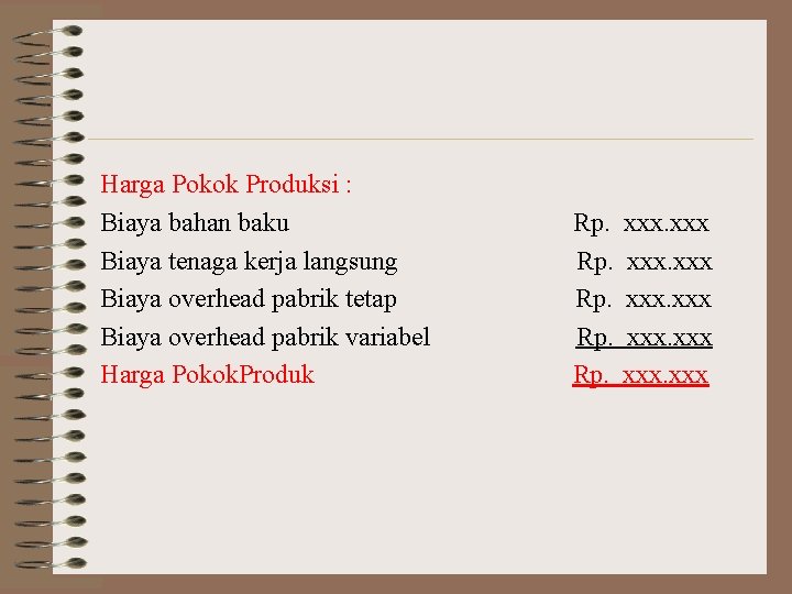 Harga Pokok Produksi : Biaya bahan baku Rp. xxx Biaya tenaga kerja langsung Rp.