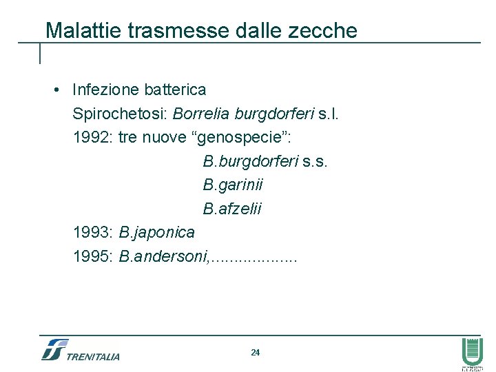 Malattie trasmesse dalle zecche • Infezione batterica Spirochetosi: Borrelia burgdorferi s. l. 1992: tre