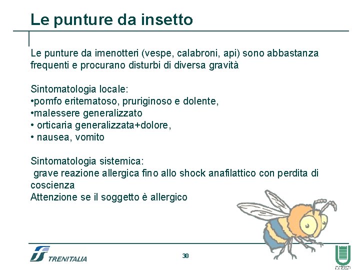 Le punture da insetto Le punture da imenotteri (vespe, calabroni, api) sono abbastanza frequenti