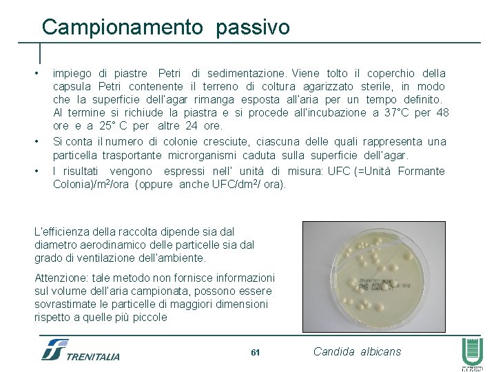 Campionamento passivo • • • impiego di piastre Petri di sedimentazione. Viene tolto il