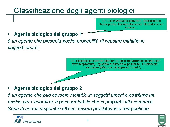 Classificazione degli agenti biologici Es. : Saccharomyces cerevisiae, Streptococcus thermophylus, Lactobacillus casei, Staphylococcus xylosus…