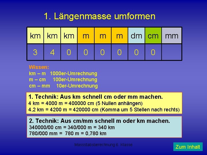 1. Längenmasse umformen km km km 3 4 0 m m m dm cm