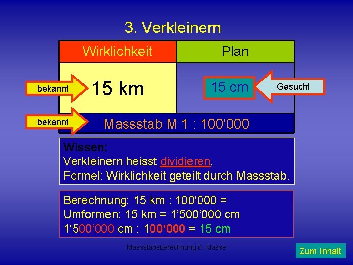 3. Verkleinern Wirklichkeit bekannt 15 km Plan 15 ? cm Gesucht Massstab M 1