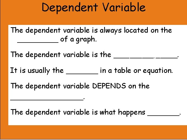 Dependent Variable The dependent variable is always located on the y-axis _____ of a