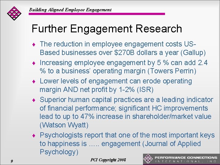 Building Aligned Employee Engagement Further Engagement Research ¨ The reduction in employee engagement costs