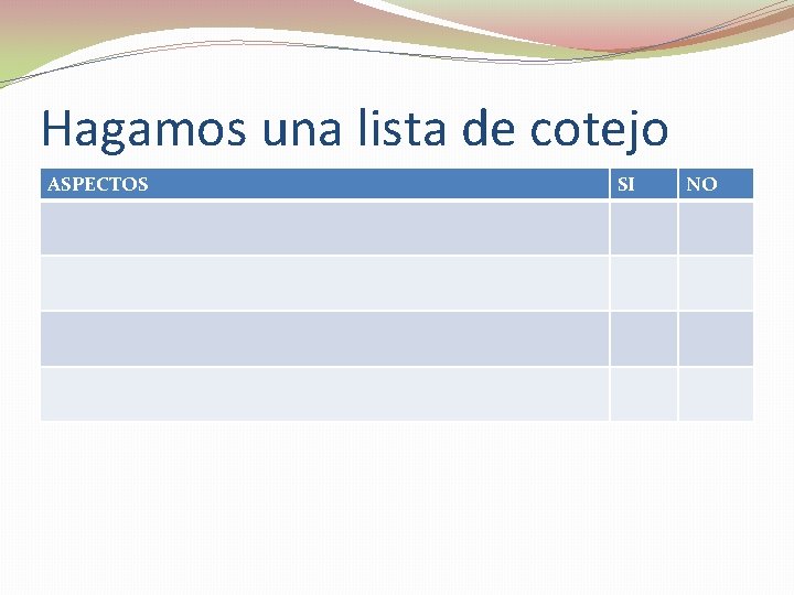 Hagamos una lista de cotejo ASPECTOS SI NO 