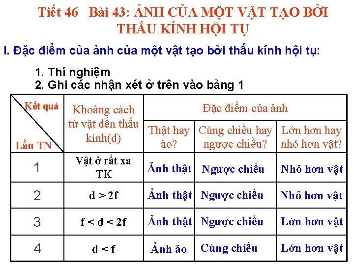 Tiết 46 Bài 43: ẢNH CỦA MỘT VẬT TẠO BỞI THẤU KÍNH HỘI TỤ