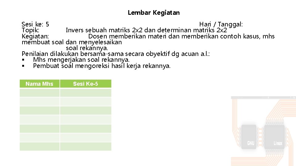 Lembar Kegiatan Sesi ke: 5 Hari / Tanggal: Topik: Invers sebuah matriks 2 x