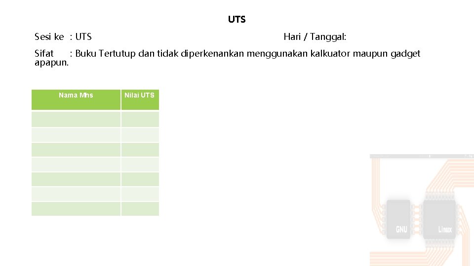 UTS Sesi ke : UTS Hari / Tanggal: Sifat : Buku Tertutup dan tidak