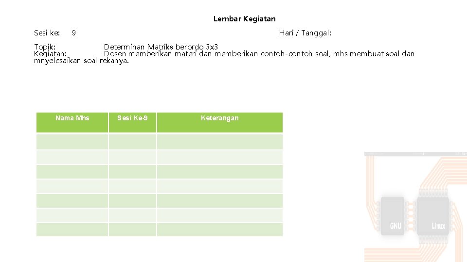 Lembar Kegiatan Sesi ke: 9 Hari / Tanggal: Topik: Determinan Matriks berordo 3 x