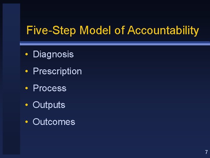 Five-Step Model of Accountability • Diagnosis • Prescription • Process • Outputs • Outcomes