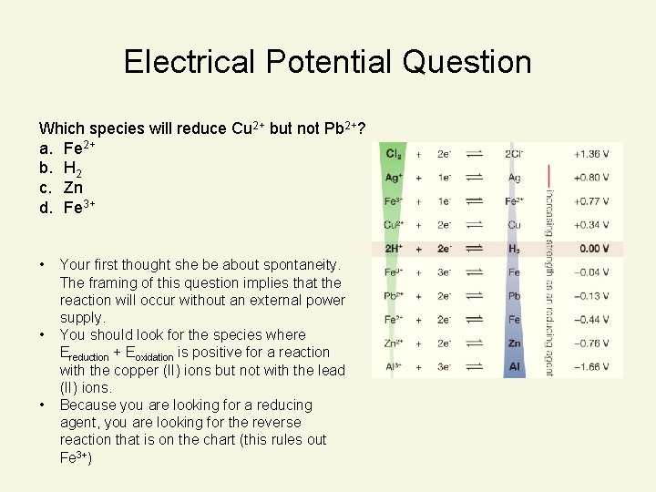 Electrical Potential Question Which species will reduce Cu 2+ but not Pb 2+? a.